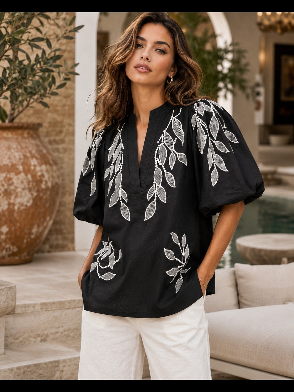 Rain Embroidered Black Puff-Sleeve Women's Top NWOT